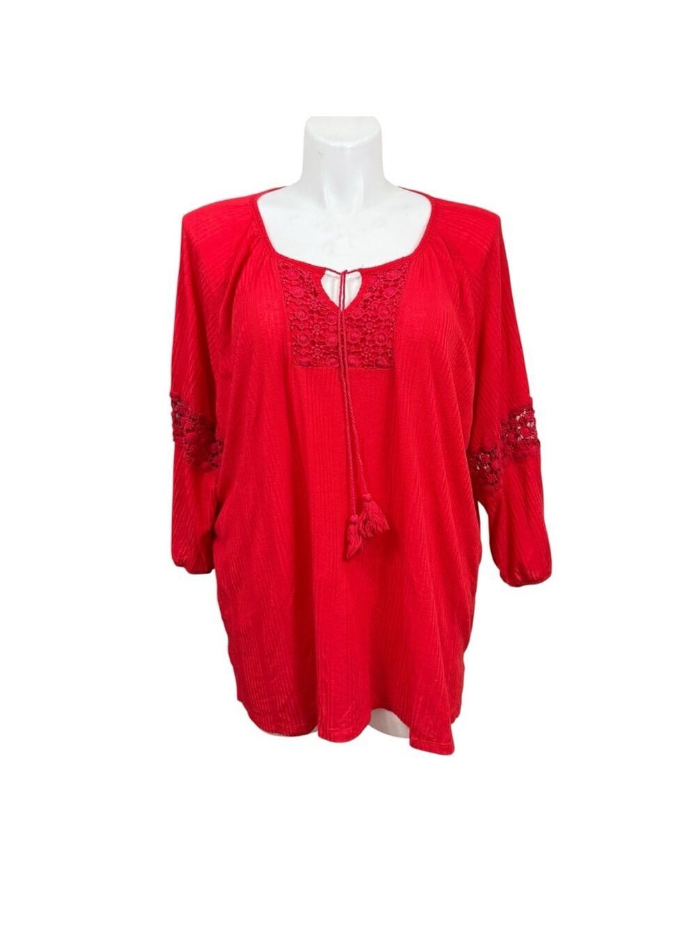 Multiples Red Textured Tunic Top Women’s Plus Size‎ 3X Boho Crochet Sleeve